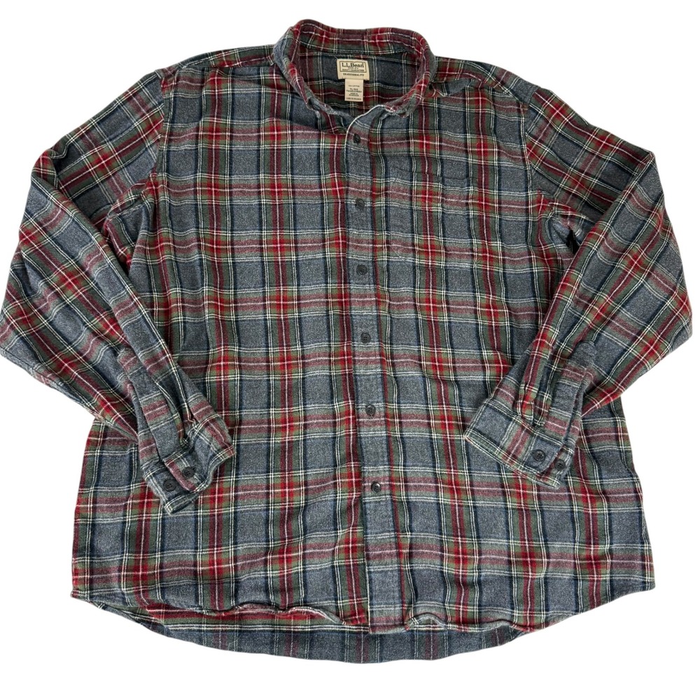 LL Bean Mens XL Traditional Fit Grey Red Plaid Flannel Button Down Shirt